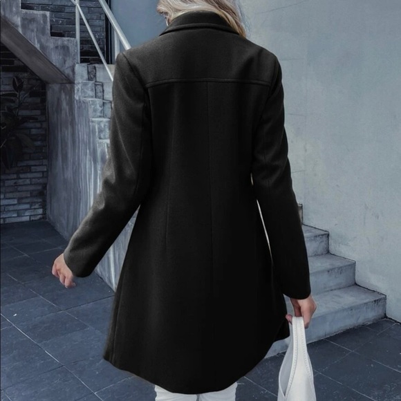 Classic Black button double breast trench pea coat Minimalist - Picture 6 of 9